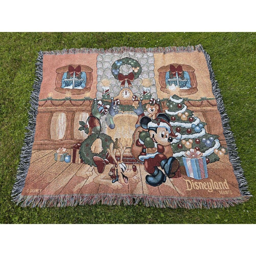 Vintage Disneyland Resort Christmas Woven Throw Blanket Mickey Pluto Duffy 50x60